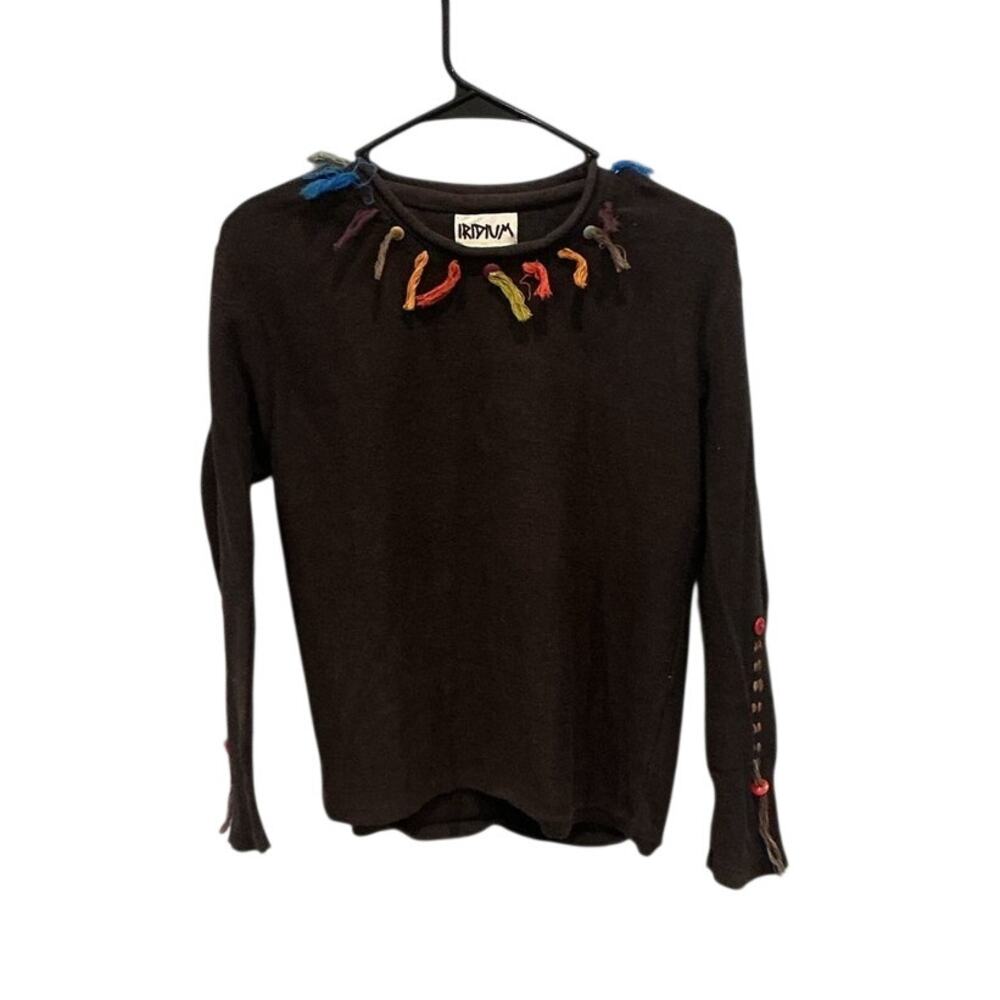 Iridium Womens Yarn Fringe Trim Sweater Brown 90s Grunge Hippie Goblincore Indie